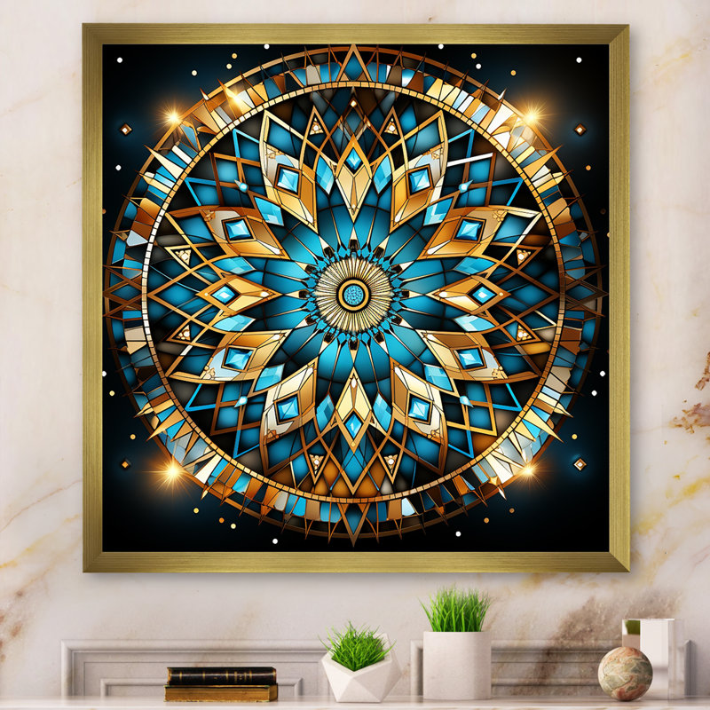 Art mural mandala II bleu et doré, Cadre doré simple, H 36 po x l 36 po x P 1,5 po