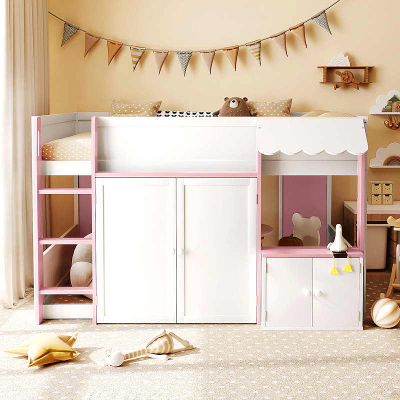 Lit mezzanine double avec maisonnette et rangement, Blanc / rose
