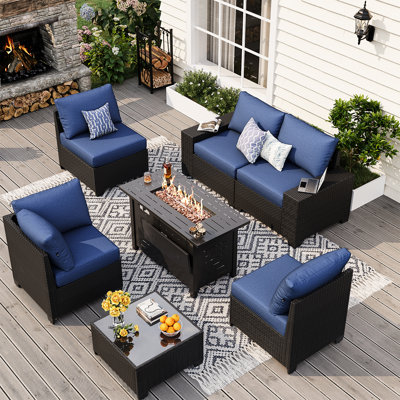 7-pieces Patio Conversation Set With Wide Armrests And Fire Pit Table,outdoor Rattan Seating Group