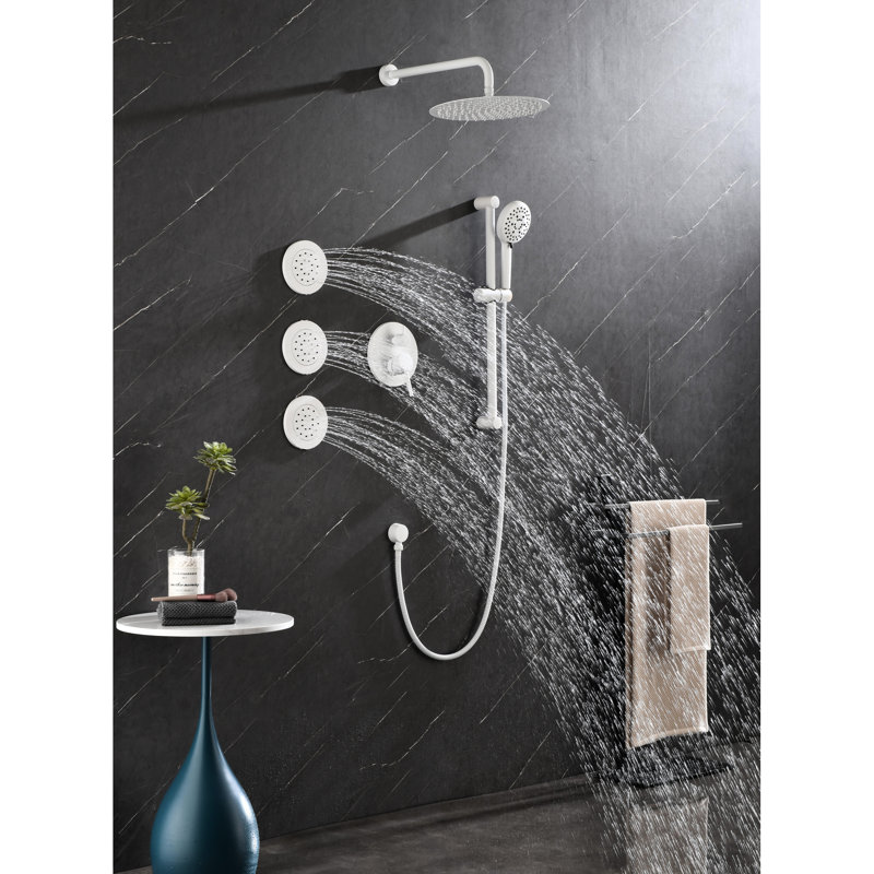 Shower System With White Brass Components: Head, Hand Shower, Slide Bar, Bodysprays - Wall Mounted Option Kit Bar &