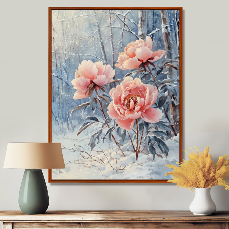 Hiver, pivoines glacées dans la forêt II - pivoines, art mural, H 44 po x l 34 po, Reproduction avec cadre flottant, Brun