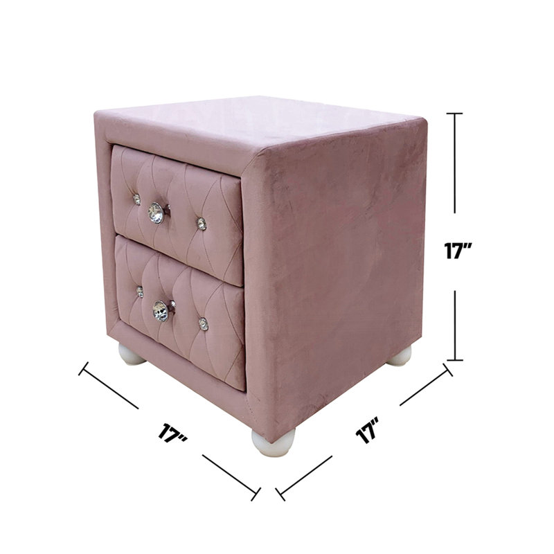 Table de chevet en tissu rose avec 2 tiroirs, pieds en bois blancs, fabrication en mousse et en panneaux de particules avec tiroirs à l'intérieur en bois tropical, poignées, pieds arrondis