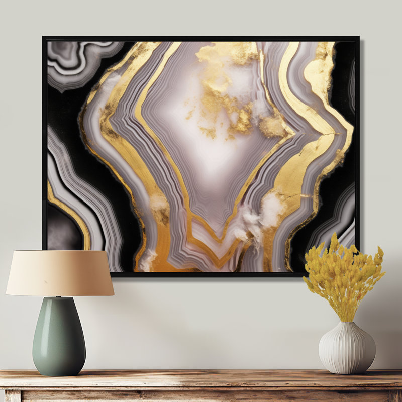 Opulent Glam Agate noir doré II - salon d'art mural en marbre, Cadre flottant noir, H 20 po x l 12 po x P 1 po