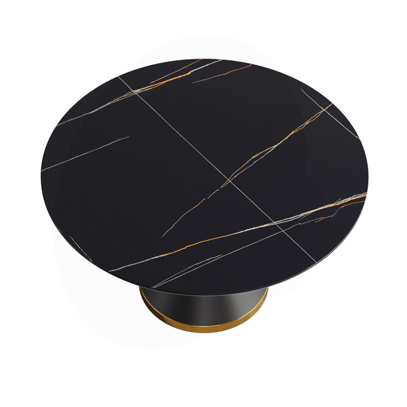 Table de salle à manger moderne 53,15 po en pierre artificielle ronde en acier au carbone noir pouvant accueillir 6 personnes
