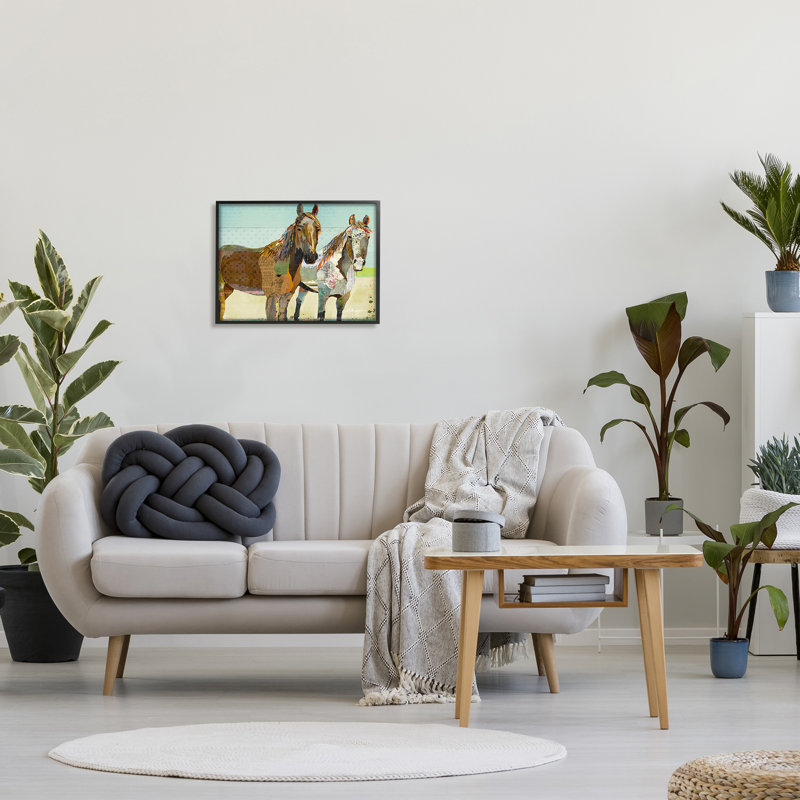 " Wild Farm Horses Layered Newsprint Arrangement " by Traci Anderson, 16" H x 20" W x 1.5" D, Midnight Black Framed Giclee