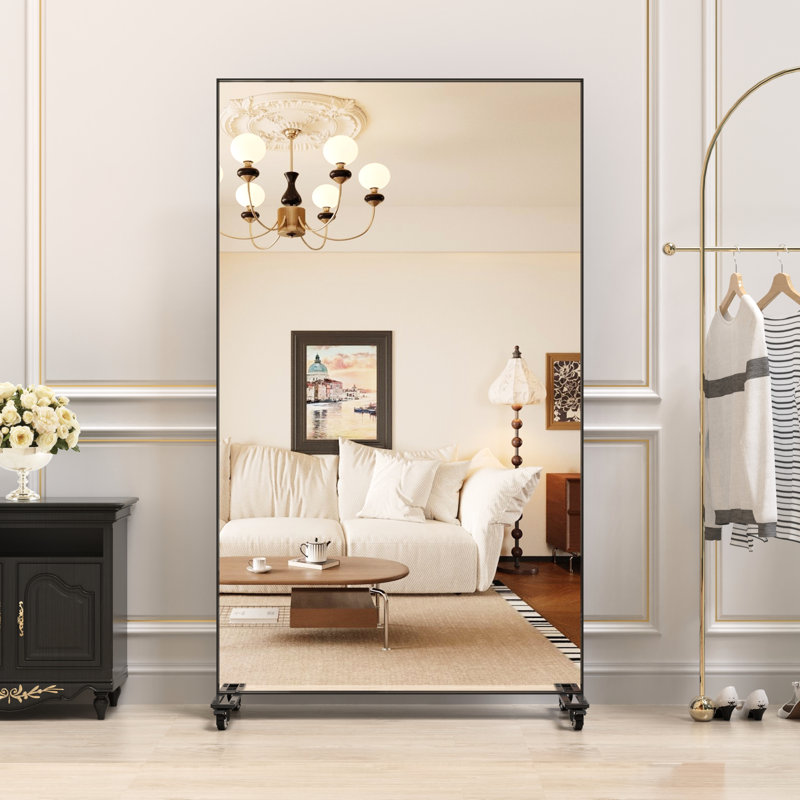 67X40 Inch Square Hanging Mirror, Metal Frame, Wheels, Black Color, Ideal For Bedroom And Living Areas Oversized Floor Mirror With Frame Multiple Rooms