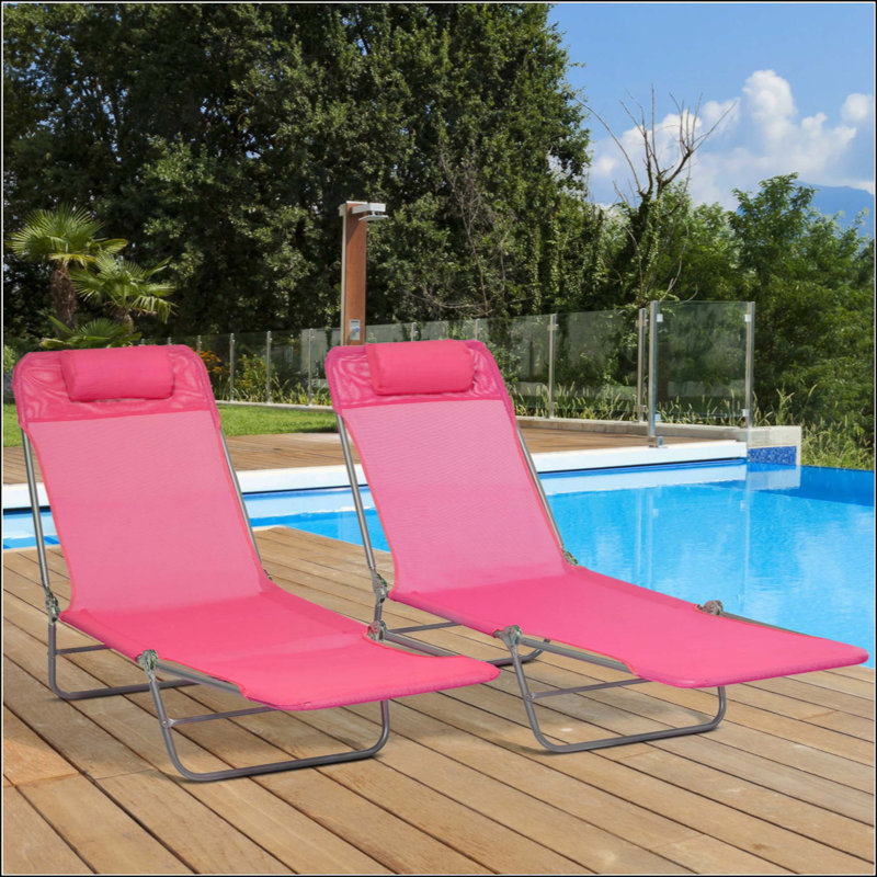 2 Piece Folding Chaise Lounge Chairs, Pool Sun Tanning Chairs, Outdoor Lounge Chairs With 6-Position Reclining Back, Breathable Mesh Seat, Headrest For Beach, Yard, Patio, Pink