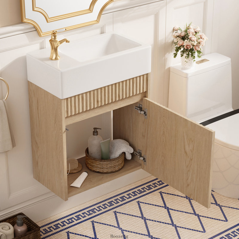 Meuble-lavabo suspendu de 47 cm (18,5 pouces) avec lavabo en résine à gauche ou à droite, charnières sans poignée à ouverture par simple pression et à fermeture douce