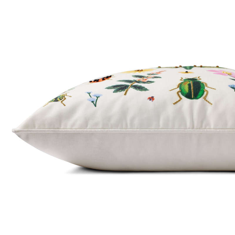 White Round Embroidered Floral Polyester Accent Pillow