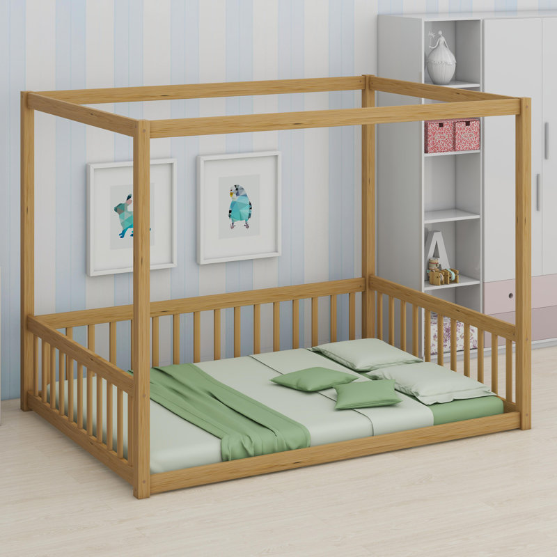 Canopy Floor Bed With Full-Perimeter Guardrails And Safety Fence Design, Natural