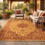 Tapis persan traditionnel avec médaillon, orange, vert et crème, lavable à la machine, antidérapant, à poils courts, pour l'intérieur et l'extérieur, adapté aux animaux de compagnie, idéal pour le salon, la chambre, la salle à manger, l'entrée, le corridor ou le bureau.-228379146