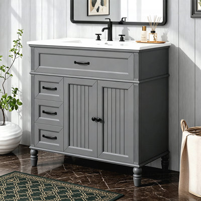 Meuble-lavabo de 36 po avec lavabo, conception rétro, structure en bois massif, panneau de fibres à densité moyenne, grands tiroirs de rangement et armoire