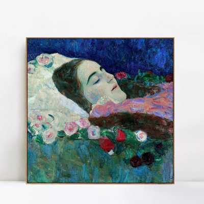 Framed Canvas Giclee Print Ria Munk am Totenbett (Ria Munk I) 1912 by Gustav Klimt Wall Art for Living Room Home Office Decorations(Wood Colour Slim Frame,16"x16")