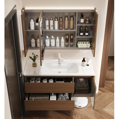 Meuble-lavabo de salle de bain Mid-Century en acier inoxydable au fini brun avec lavabo en céramique intégré
