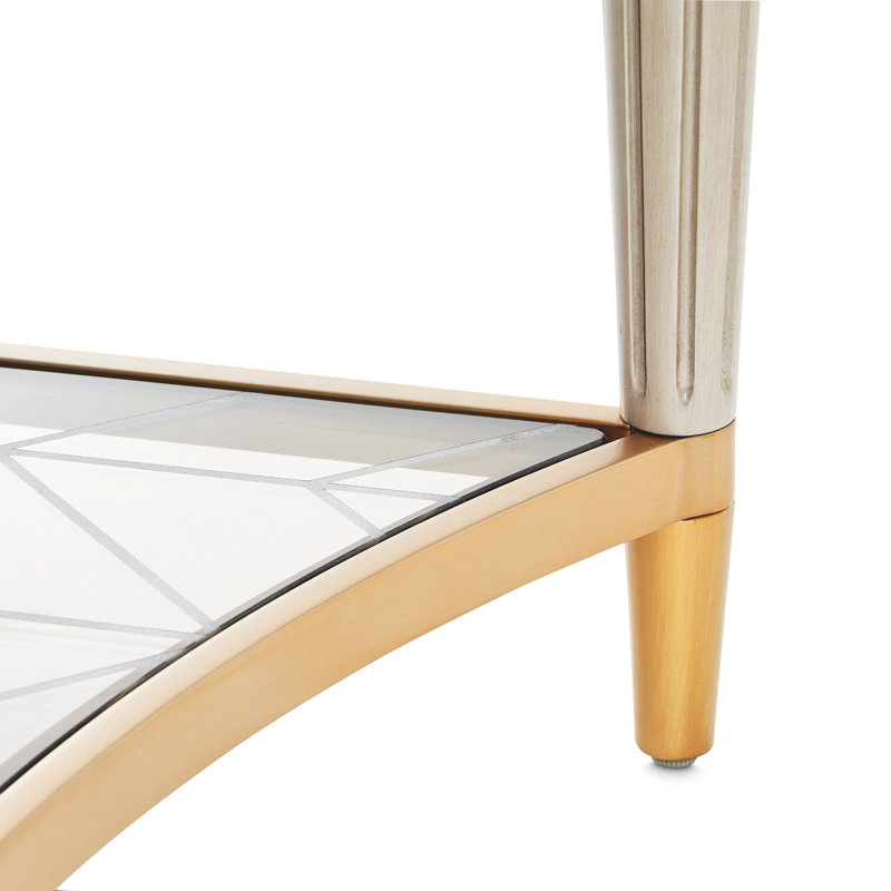 Dove Gray Wood and Bronze Rectangular Cocktail Table with Etched Glass Shelf