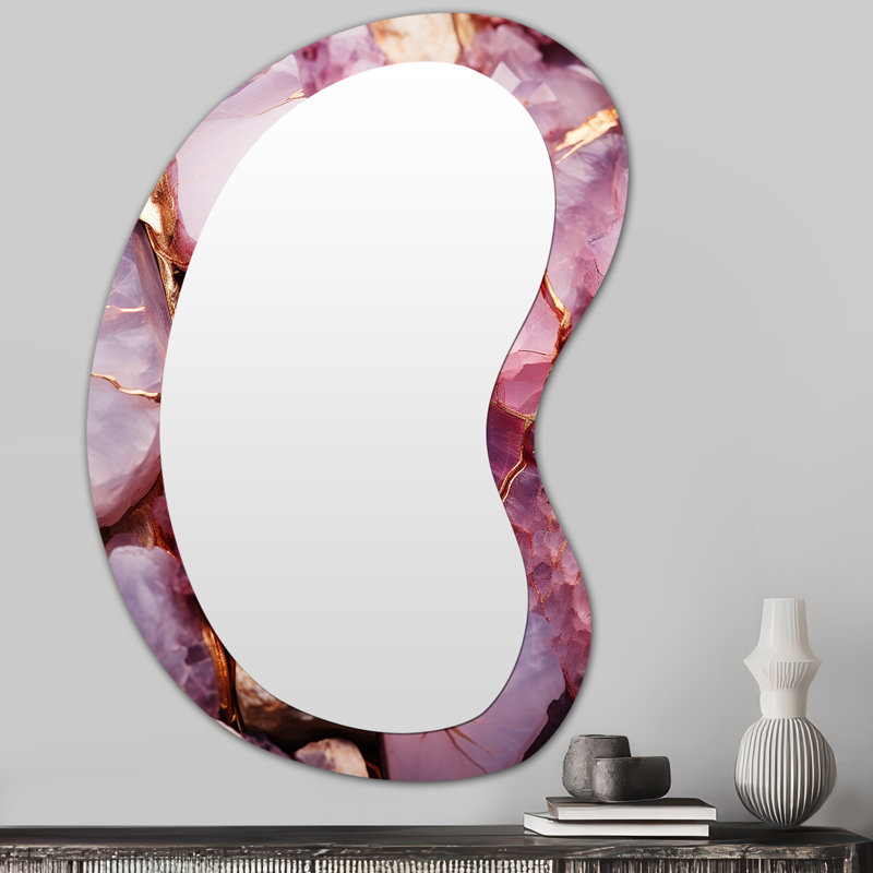 Rose améthyste Geode Essence I - miroir de forme irrégulière à géométrie de pierre, miroir mural unique asymétrique rose, impression sur métal