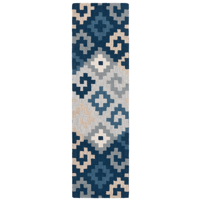 Tapis en laine / coton touffeté à la main Laryiah en ivoire / bleu, Tapis de couloir 2 pi 3 po x 8 pi