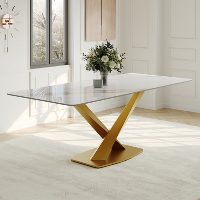 Modern Rectangular Dining table with Glossy Sintered Stone Table top, White Kitchen Table with Stainless Steel Legs for Dining Room
