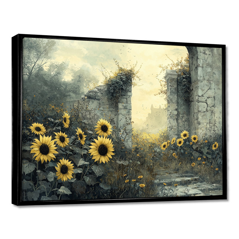 Dorrie, tournesols parmi les ruines à la campagne - Tournesols, art mural, Noir, noir, noir, noir, H 12 po x l 20 po