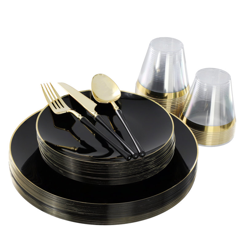  150 Piece Disposable Plastic Dinnerware Party Set for 25 Guests in Black with Gold Trim
