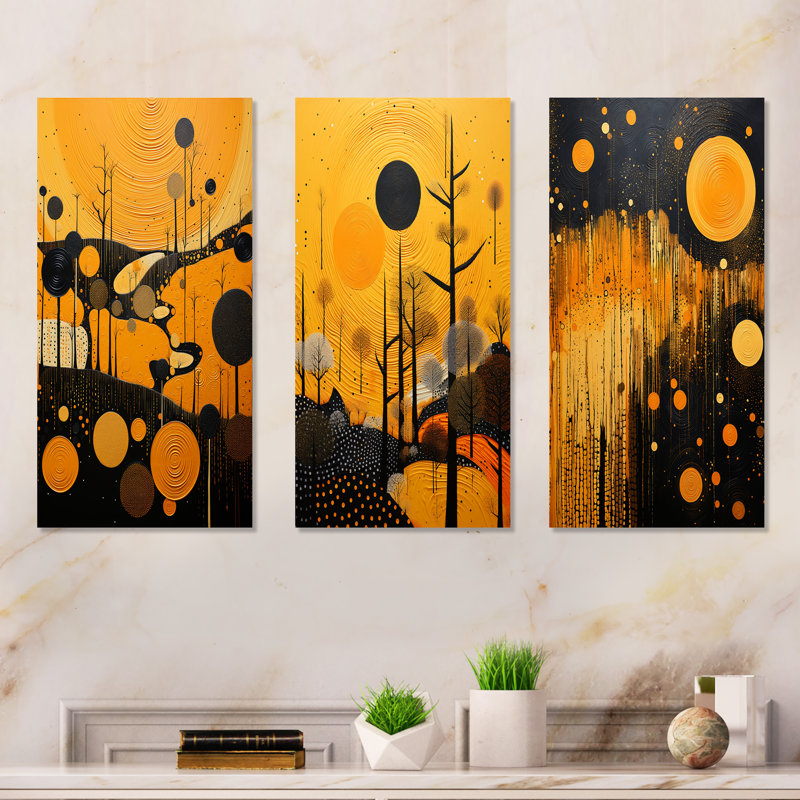 «Native Safran and Ebony Heritage - Abstract Landscape», ensemble de 3 reproductions d'art mural en métal, H 28 po x l 36 po