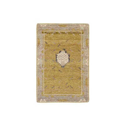 Tapis oriental jaune doré 2 pi 1 po x 3 pi 2 po, motif pomme de pin, 100% laine, tissé à la main, dense, rasé, mat