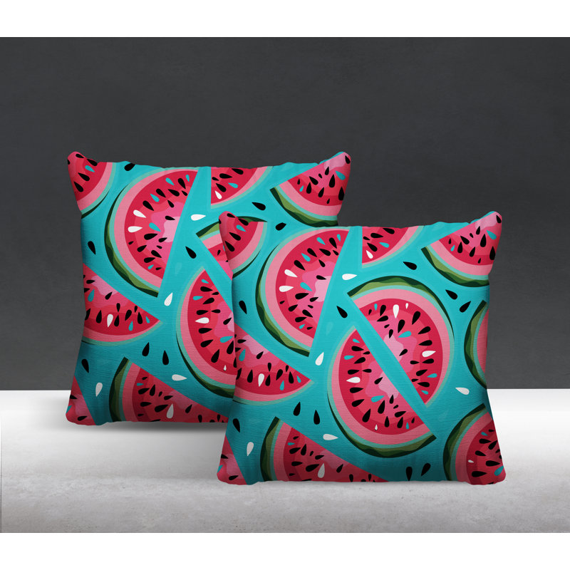 Oreiller carré intérieur / extérieur Yumelon Watermelon, L 19 po x H 19 po, Turquoise / rouge