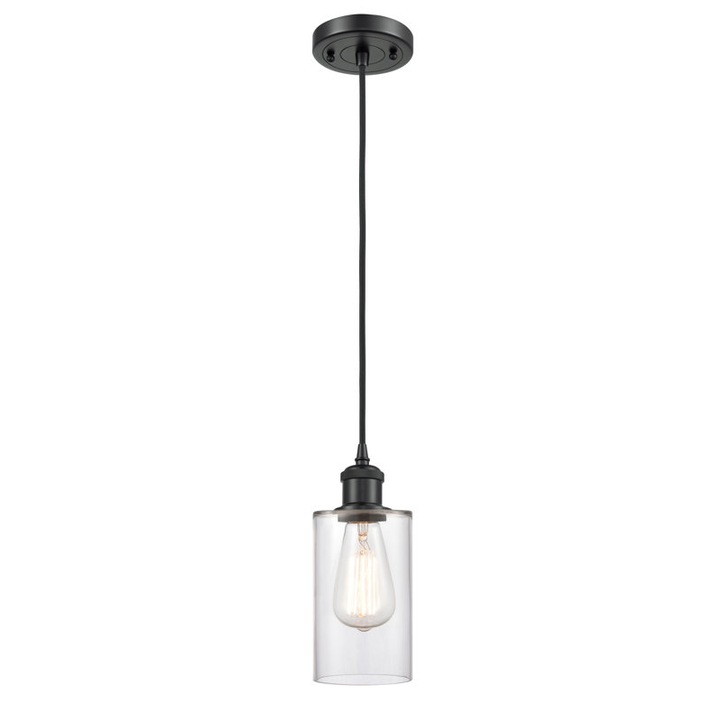 Luminaire suspendu cylindrique simple à 1 lumière Glessite, Transparent, Noir mat, Ampoule non incluse