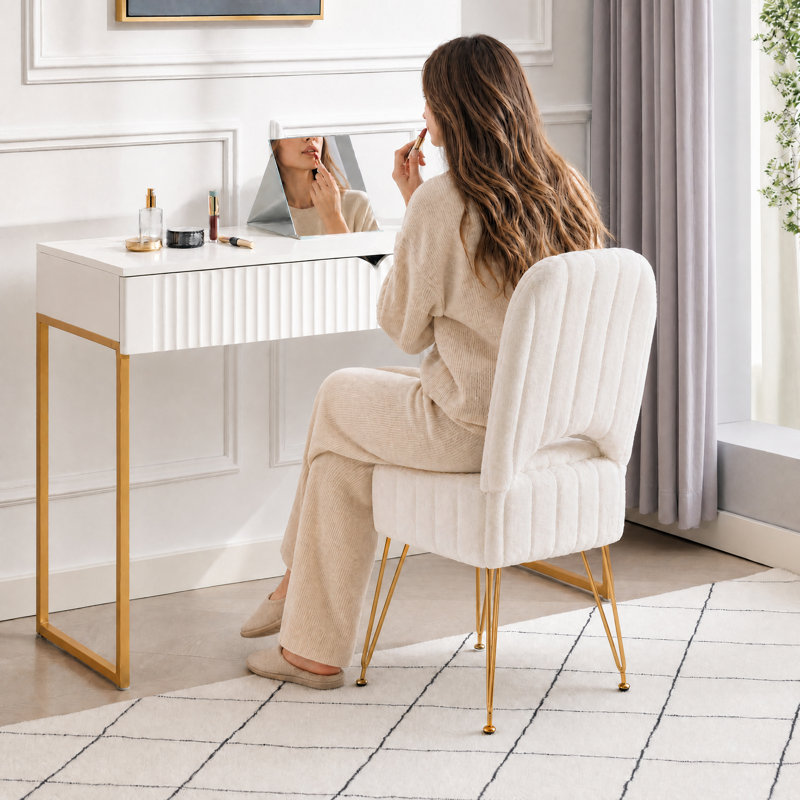 Tabouret de rangement ottoman avec dossier réglable, siège de maquillage carré recouvert de fausse fourrure pour chambre/coiffeuse, pieds en métal doré