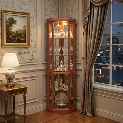 Vitrine d'angle éclairée en chêne foncé