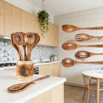 13 Inch Extra Long Teak Wooden Spoons And Utensils Set With Holder, 9-Piece Natural Wooden Kitchen Utensil Set Including Spatula Turner And Spoon Rest For Cooking