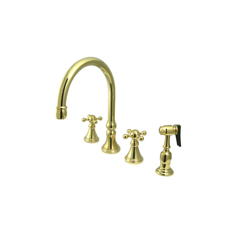 Deck Mount Double Handle Widespread Kitchen Faucet with Knight Cross Handle, Polished Brass
