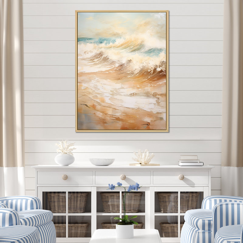 «Golden and Blue Beach Tranquility - Nautical & Beach», reproduction sur toile, Cadre naturel flottant