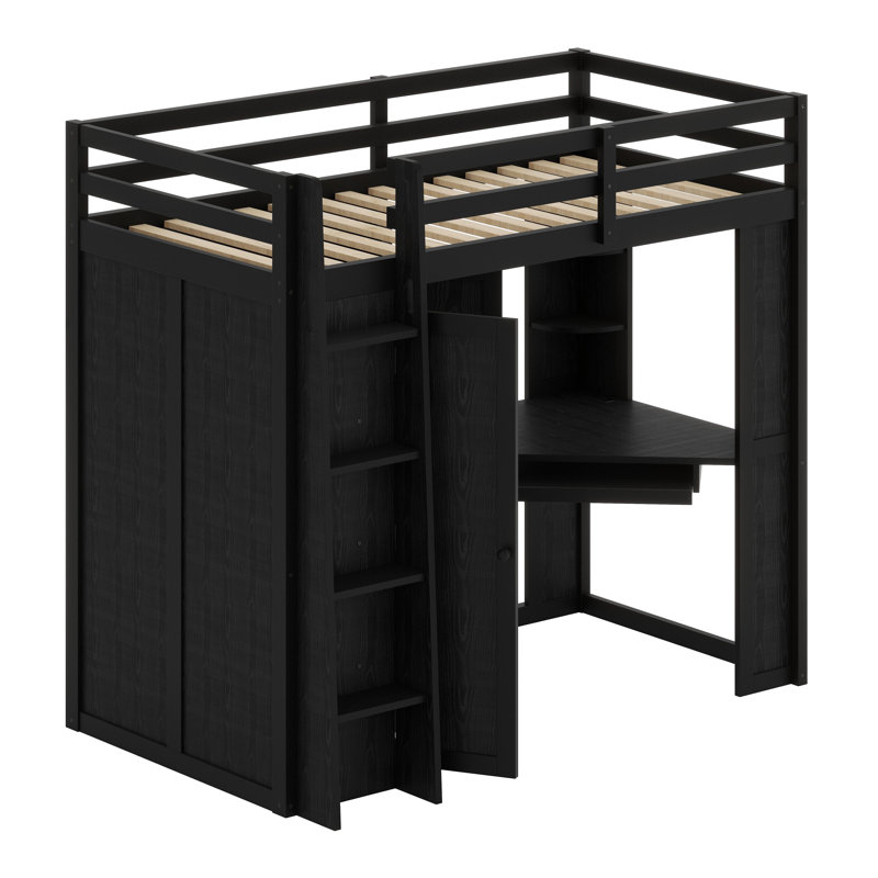 Space-Saving Elevated Bed System Featuring Large Closet, Workstation with Slide-out Keyboard Drawer, Device Charging Station, and Adjustable Metal Lighting