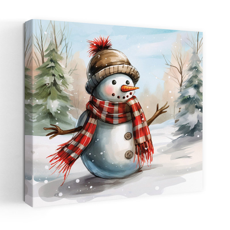 Illustration contemporaine d'un petit bonhomme de neige avec bonhomme de neige, H 18 po x l 18 po