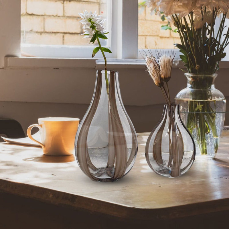 Mia Teardrop Striped Handblown Glass Vase Set-Striped Artistry for Your Home, Brown