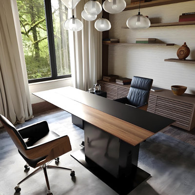 Bureau flottant à blocs de couleurs italien et noir minimaliste italien, bureau d'ordinateur très long avec compartiment pour unité centrale cachée pour bureau et salon