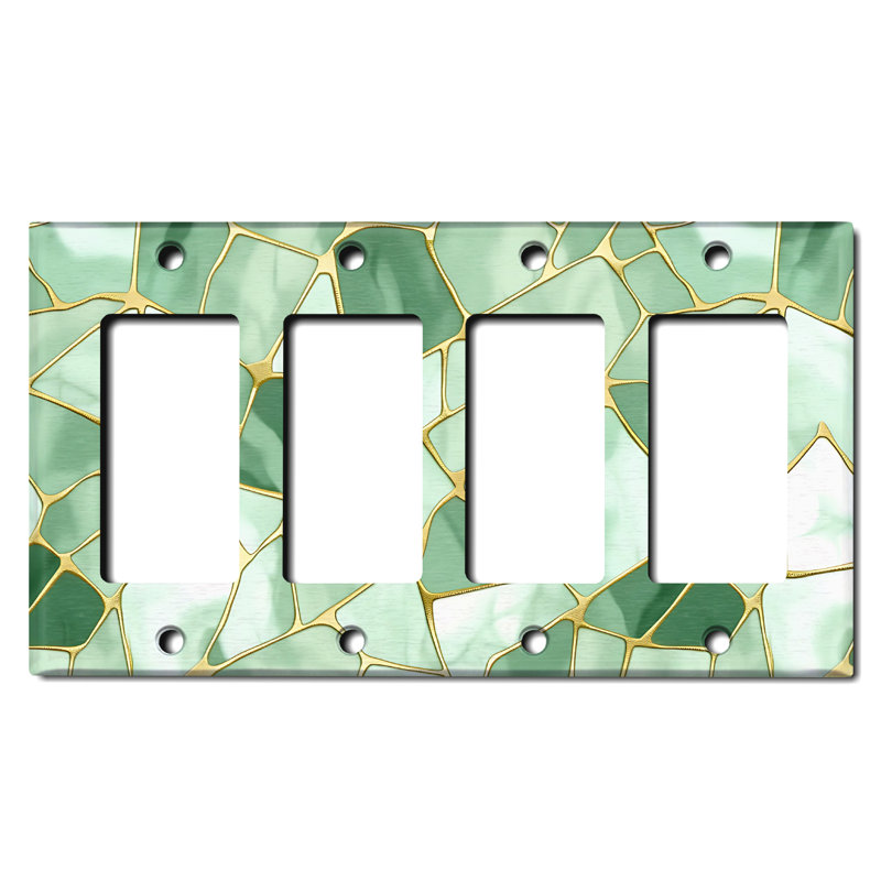 Metal Light Switch Plate Outlet Cover (Green Stained Glass Print - Quadruple Rocker)