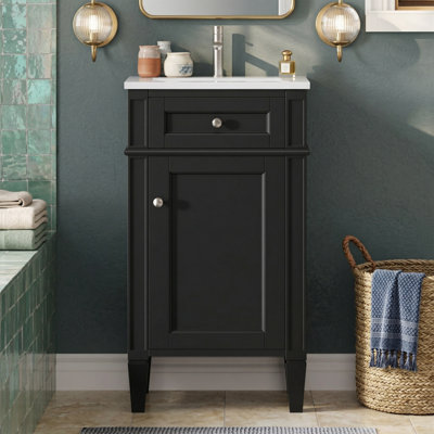 Meuble-lavabo de 18,1 po de largeur avec lavabo en céramique - Meuble-lavabo simple de style français avec porte cannelée et pieds en bois massif - Petite armoire de rangement - Noir