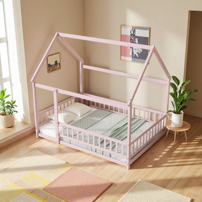 House Floor Wooden Bed With Roof Frame