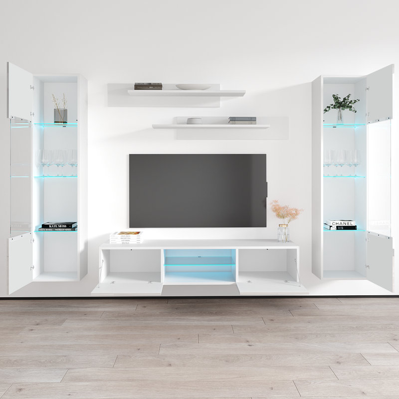 Entertainment 100" Modern Floating Wall Mounted Entertainment Center with 16-Color LED Lighting, High Gloss Finish, White