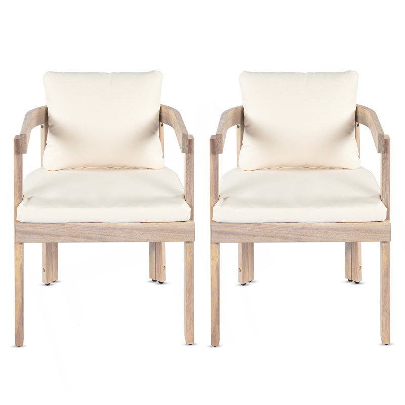 Ensemble de 2 chaises de salle à manger en bois d'acacia, fauteuils avec coussins crème, fauteuil d'appoint en tonneau, ensemble de chaises d'appoint de cuisine pour balcon, cour, jardin, blanc clair