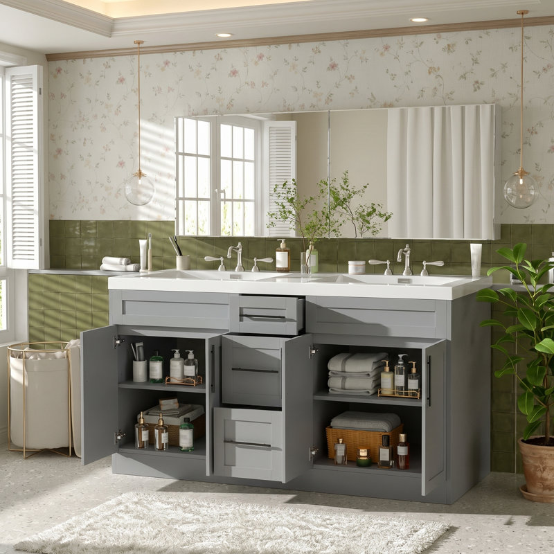 Meuble-lavabo double 59,3 po Modern Shaker, Gris