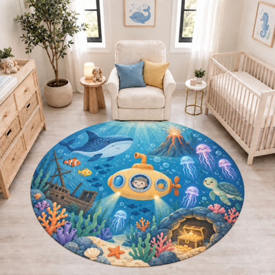 "Ultra Thin" 6' x 6' Underwater Submarine Volcano Round Area Rug, Soft Low Pile Indoor Rug with Non-Slip Silicone Backing for Nursery, Kids Room, Playroom and Pets