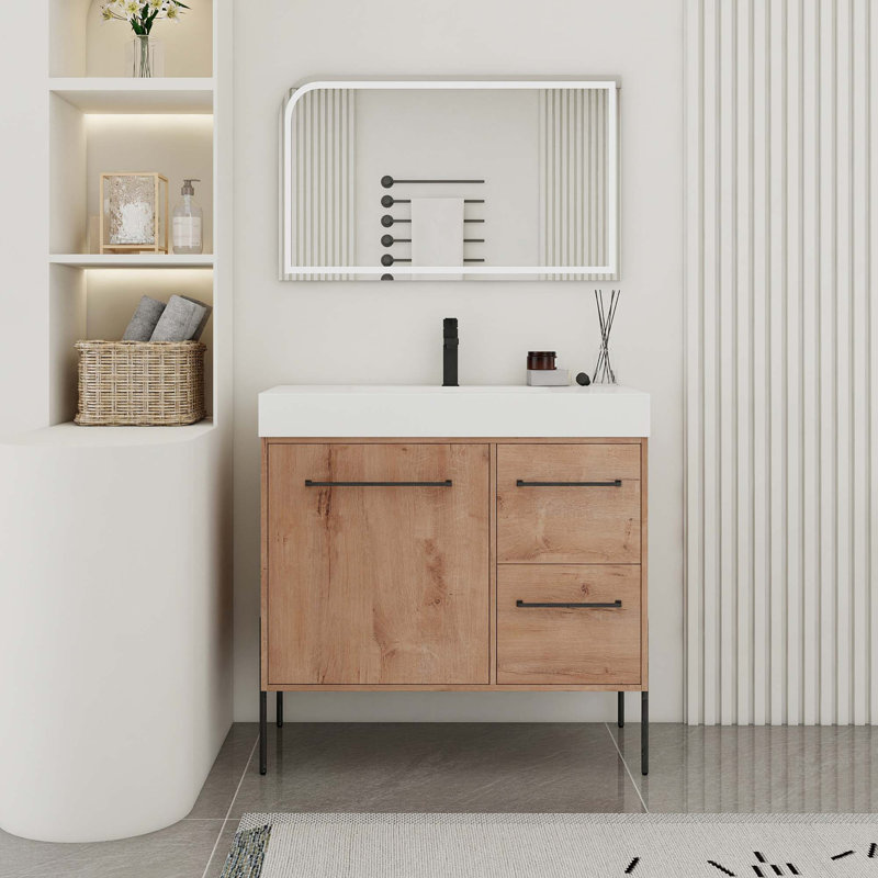 Meuble-lavabo autoportant contemporain avec lavabo en résine et rangement à fermeture en douceur