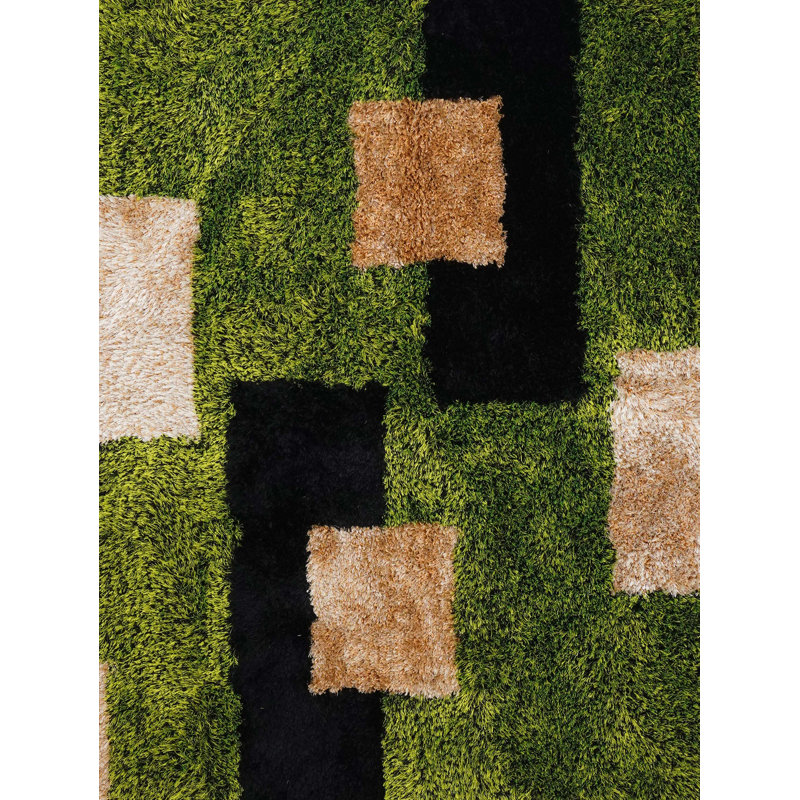 Heller HAND TUFTED SHAG POLYESTER ECO-FRIENDLY AREA RUGS  - Square | Green Beige | Geometric Modern | High Pile | Thick Handmade | Anti Skid | Rugs for Living Room
