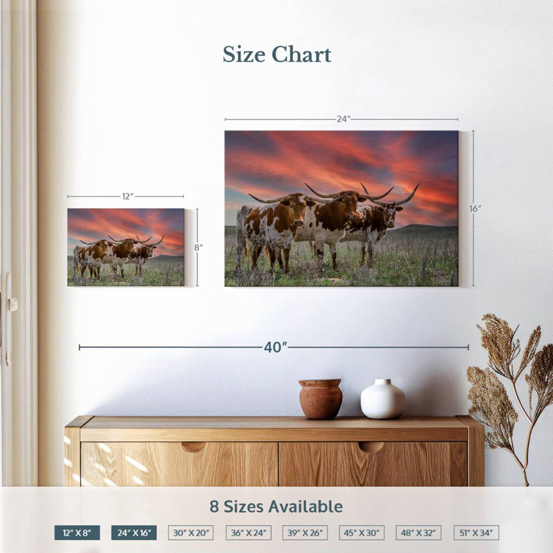 Three Texas Longhorns, 16" H x 24" W