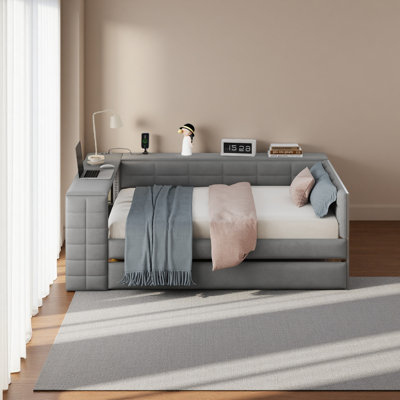 Full Size Upholstered Platform Bed With Storage Shelves, Desk, Charging Station And Trundle