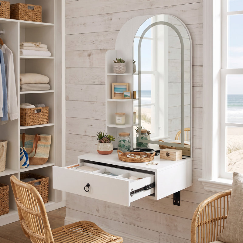 Meuble-lavabo mural flottant avec miroir arqué éclairé, tiroir de rangement, prise de courant intégrée, luminosité réglable en 3 modes de couleur, coiffeuse blanche compacte pour petits espaces