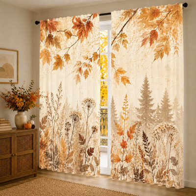 2 pièces de rideaux de scène de forêt d'automne, impression de feuilles d'érable et de pins de style aquarelle, traitements de fenêtre filtrant la lumière pour le salon, la chambre et la décoration intérieure
